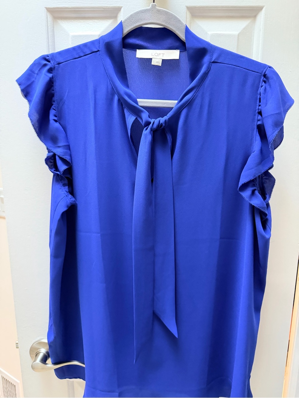 LOFT Cobalt Blue Tie-Neck Ruffle Sleeve Blouse - Picture 5 of 6